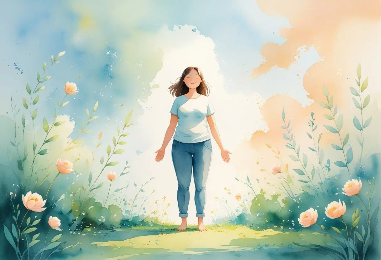 A woman stands outdoors in sunlight, surrounded by green plants and flowers, with a calm expression and her arms relaxed at her sides - representing the idea of accept your height