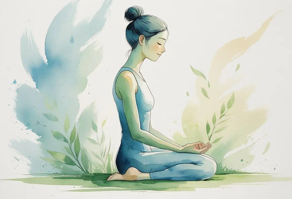 Illustration of a woman sitting cross-legged on grass, practicing meditation with closed eyes, surrounded by soft watercolor leaves and pastel backgrounds.