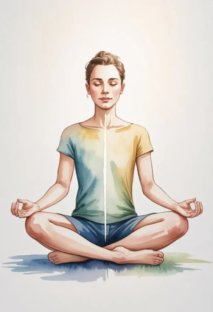 A person sits cross-legged in a meditative pose with eyes closed, wearing a multicolored shirt and shorts, against a plain background.
representing Breathing Techniques for Height Growth