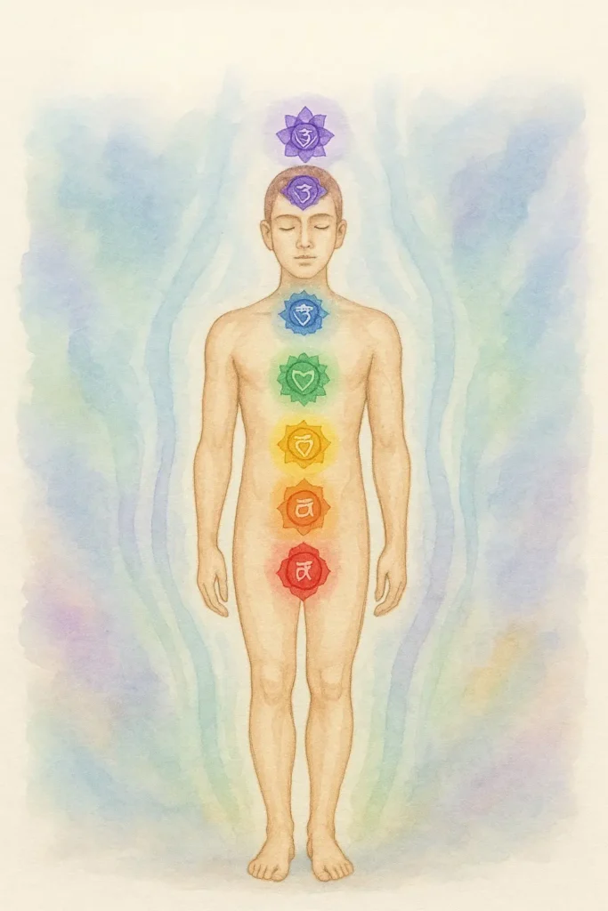 Illustration of a human figure with seven colored chakras aligned along the body's center, each representing a different energy point, against a soft pastel background representing Chakra Alignment for Height Increase