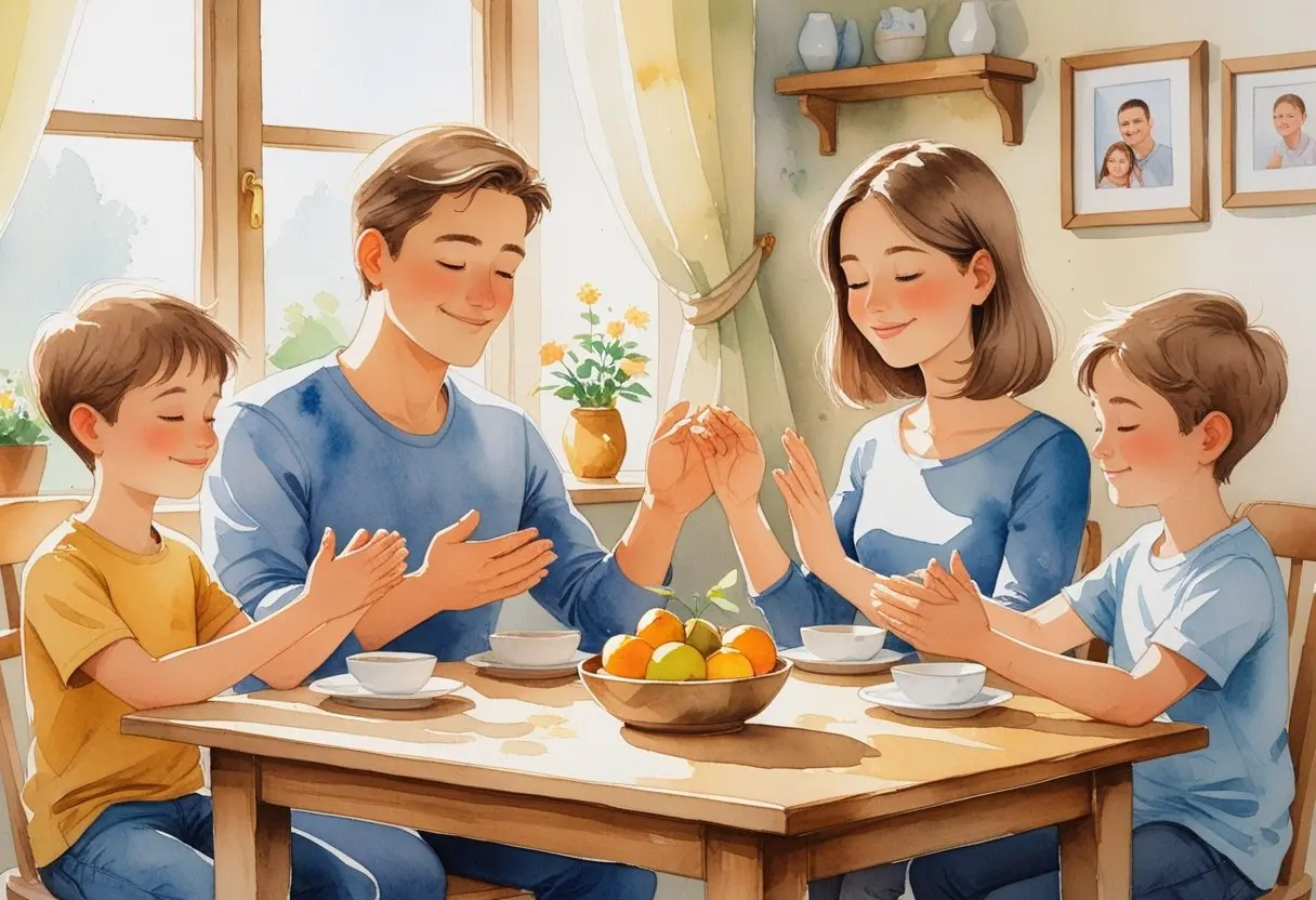 A family of four sits at a kitchen table with a fruit bowl, appearing to pray or give thanks before a meal, with sunlight streaming through the window - representing Family Gratitude Practices