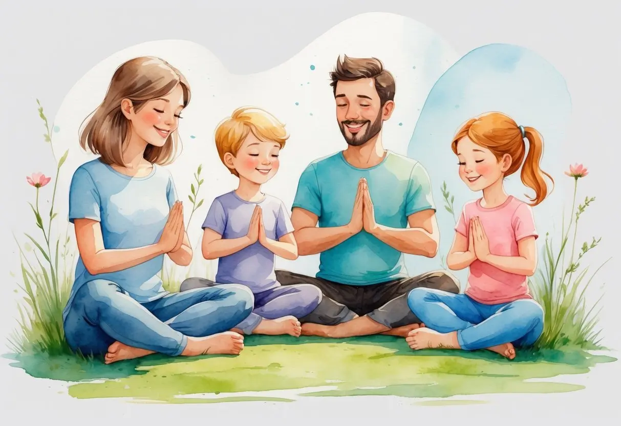 A family of four sits cross-legged on grass, eyes closed and hands together in a meditation pose, surrounded by flowers and greenery reflecting Family Mindfulness Activities