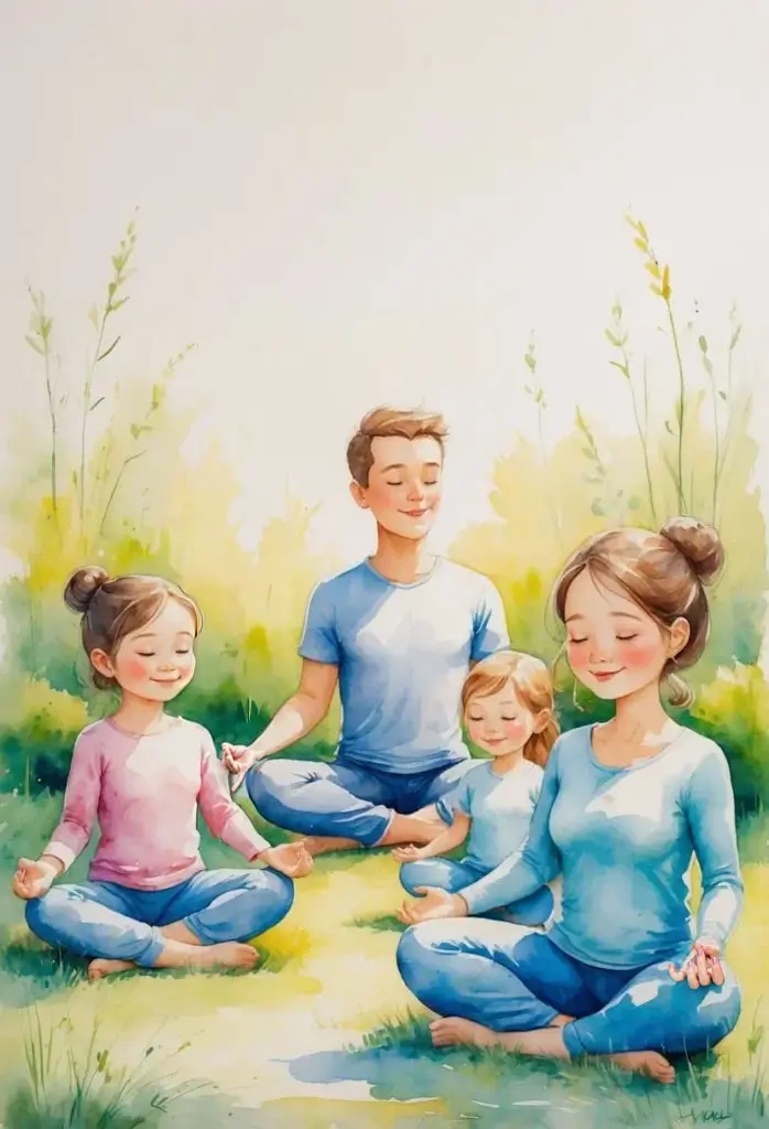 A family of four sits cross-legged on grass outdoors, eyes closed and meditating, with greenery in the background representing Family mindfulness activities