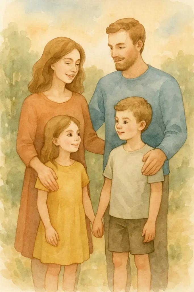 A woman and man stand outdoors with a young girl in a yellow dress and a boy in a light shirt and shorts. All four are smiling and looking at each other, relating to Family Well Being Affirmations