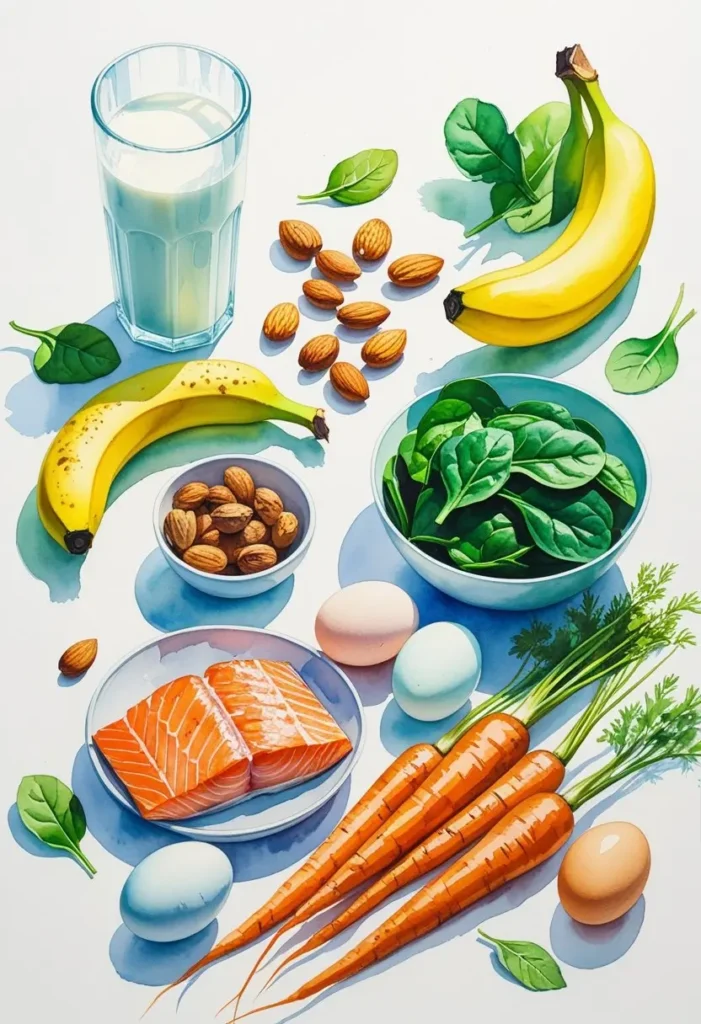 A variety of healthy foods including bananas, almonds, spinach, carrots, eggs, salmon, and a glass of milk arranged on a white surface, representing Foods for height growth