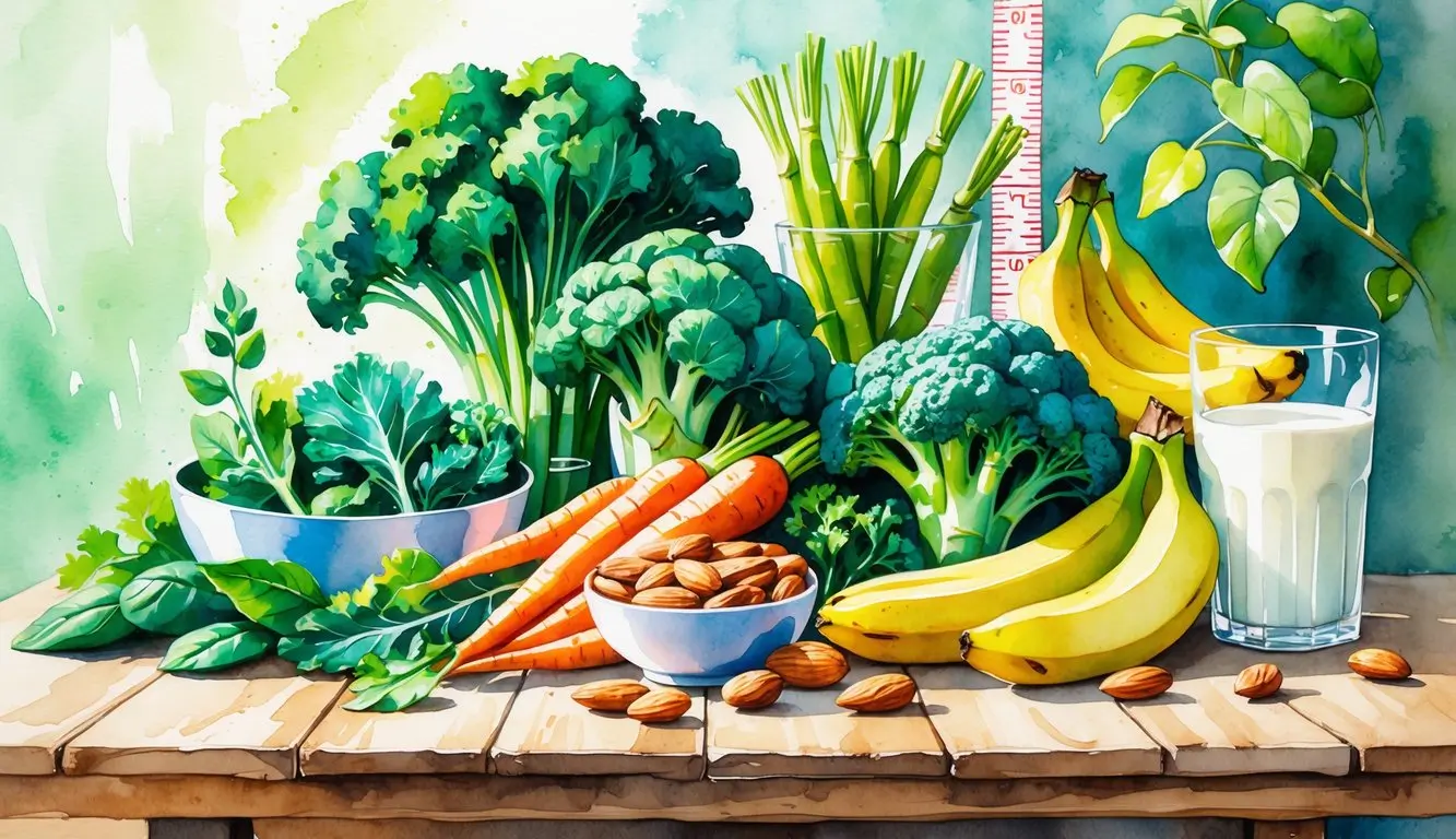 A variety of fresh vegetables, bananas, almonds, and a glass of milk are arranged on a wooden table with a measuring tape in the background.