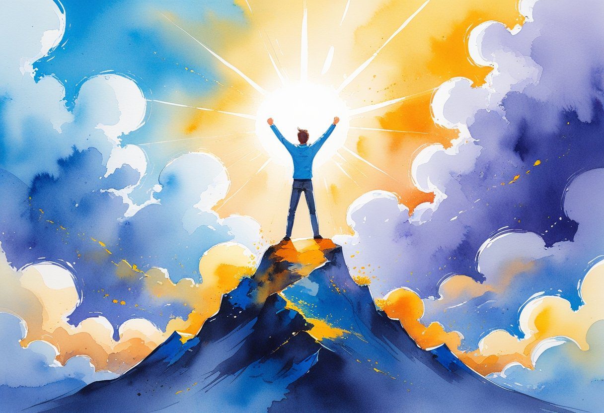 A person stands triumphantly on a mountain peak with arms raised as sunlight breaks through colorful clouds in the sky. This represents Height confidence mindset