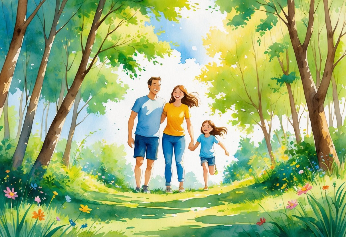 A man, woman, and child walk together, smiling, along a sunlit path surrounded by green trees and wildflowers representing How to Manifest a Happy Family