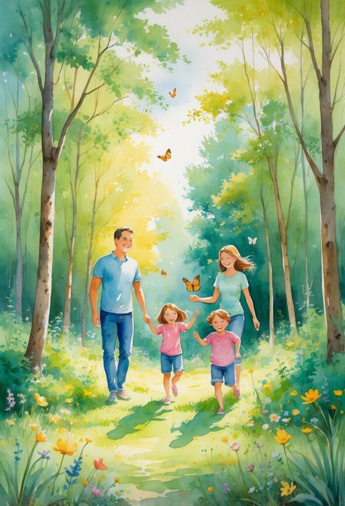 A family of four walks hand in hand along a sunlit forest path, surrounded by trees, wildflowers, and butterflies representing How to Manifest a Happy Family