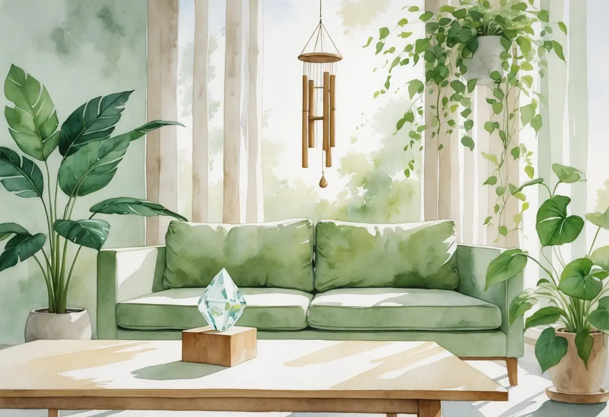 A living room with a green sofa, wooden table, large potted plants, a crystal ornament, a wind chime, and sunlight streaming through tall windows with sheer curtains representing How to Raise the Vibration of Your Home
