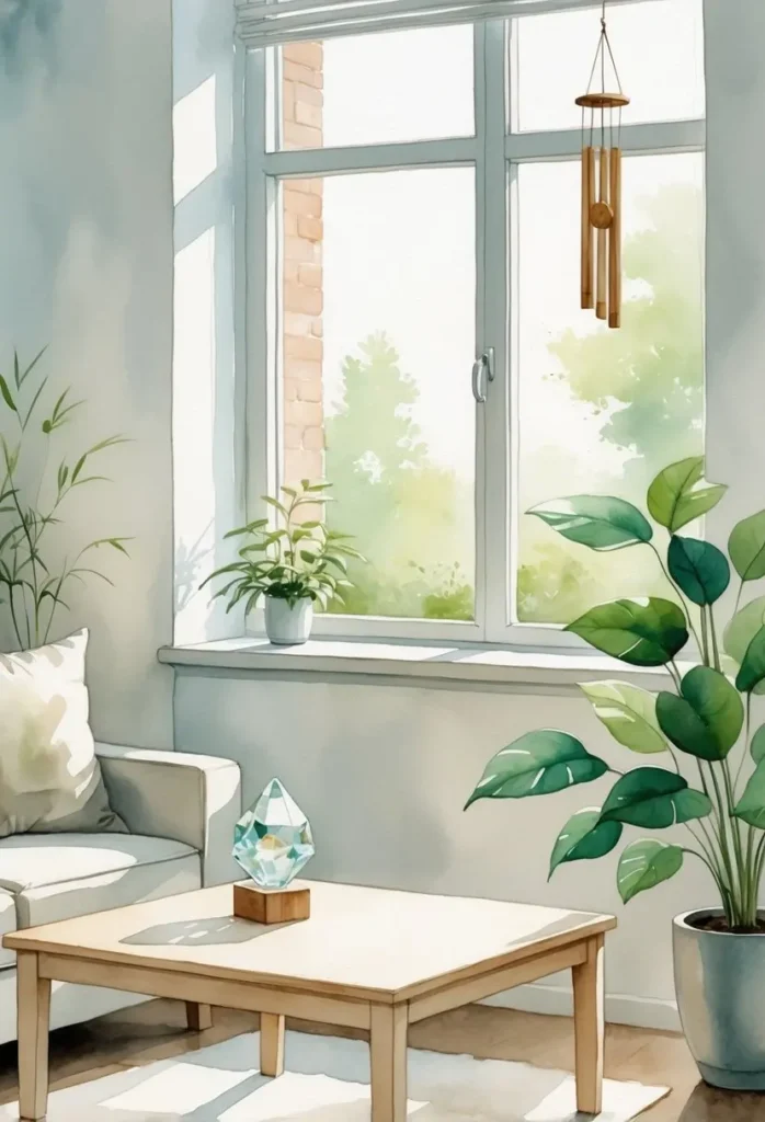 A bright living room with a sofa, coffee table, potted plants, and a window with sunlight streaming in. A crystal ornament sits on the table and a wind chime hangs by the window representing How to Raise the Vibration of Your Home 