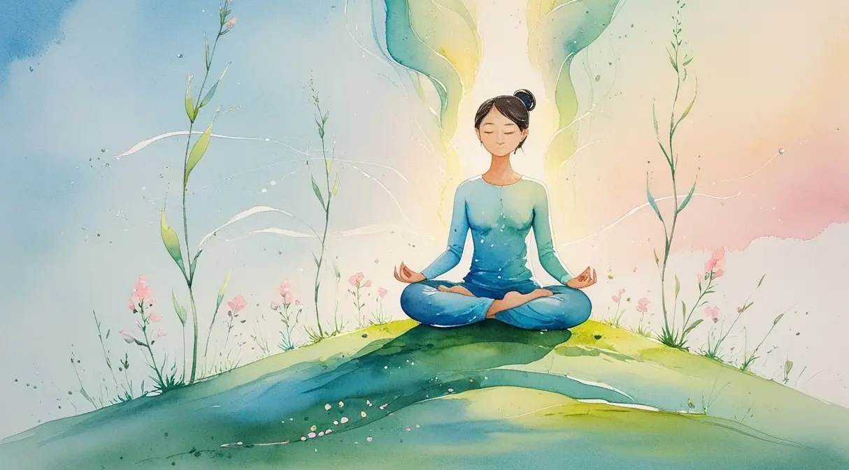 A person sits cross-legged on grass, meditating with closed eyes, surrounded by plants and soft, glowing light in a watercolor style.