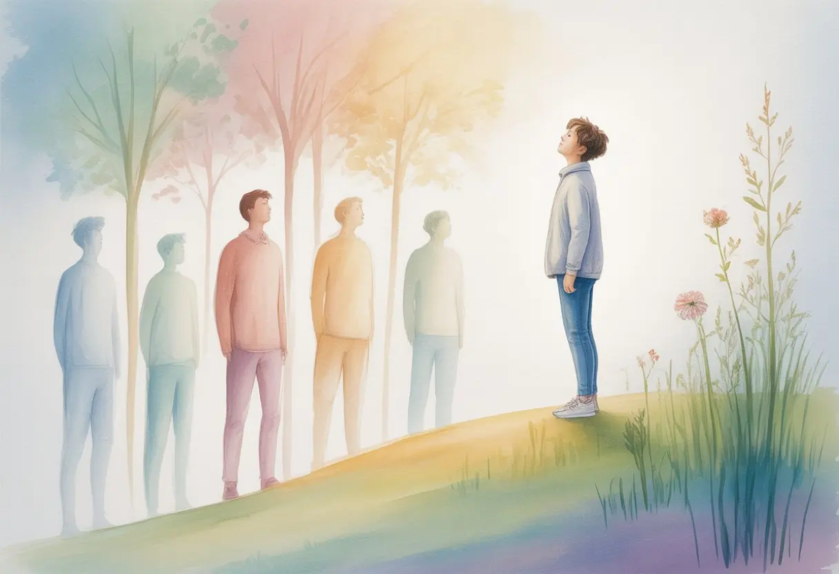 A person stands on a grassy hill facing a group of translucent figures among pastel-colored trees and flowers, with soft, diffused light in the background.