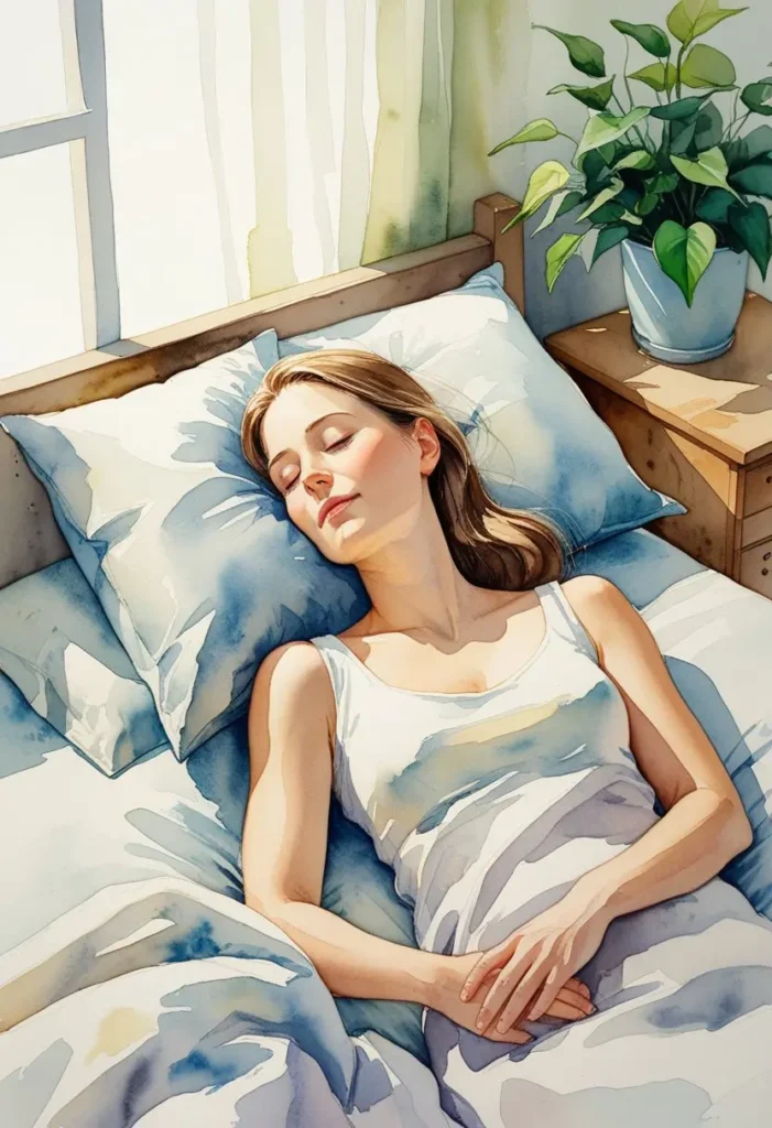 A woman lies in bed with her eyes closed, sunlit through a nearby window, with a green potted plant on a wooden nightstand beside her - Sleep for height