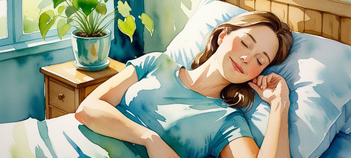 A woman is sleeping peacefully in bed next to a bedside table with a potted plant, with sunlight coming through a window—a perfect example of how quality Sleep For Height can benefit overall well-being.