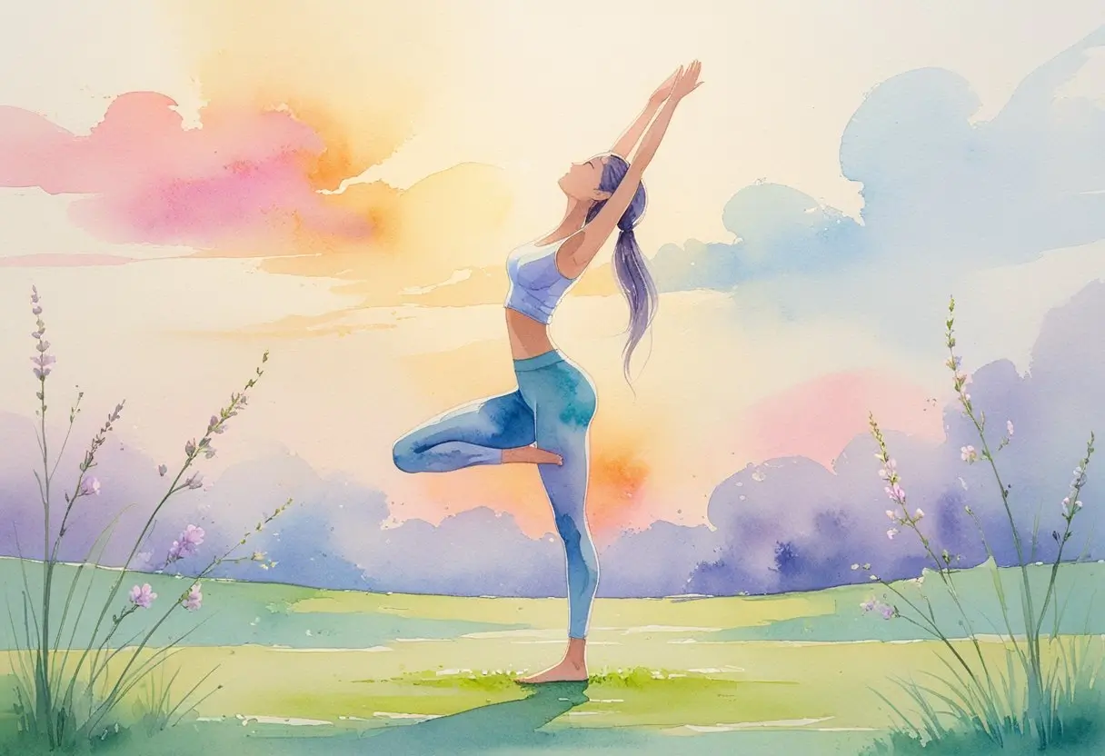 A woman practices yoga outdoors at sunrise, standing in tree pose on grass, with colorful clouds and wildflowers in the background representing Yoga for Height.