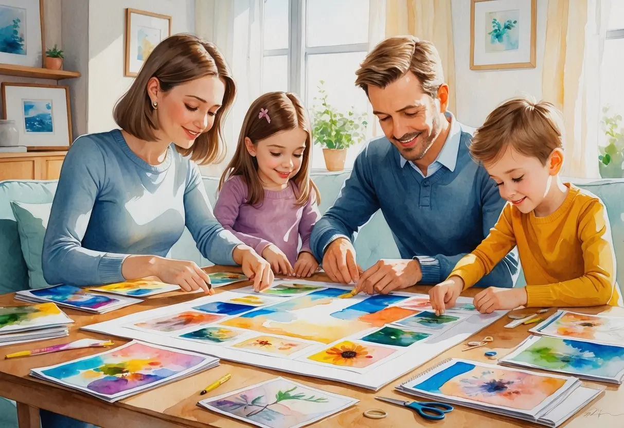A family of four sits at a table, smiling and creating colorful watercolor paintings together in a bright, sunlit room representing family vision board.