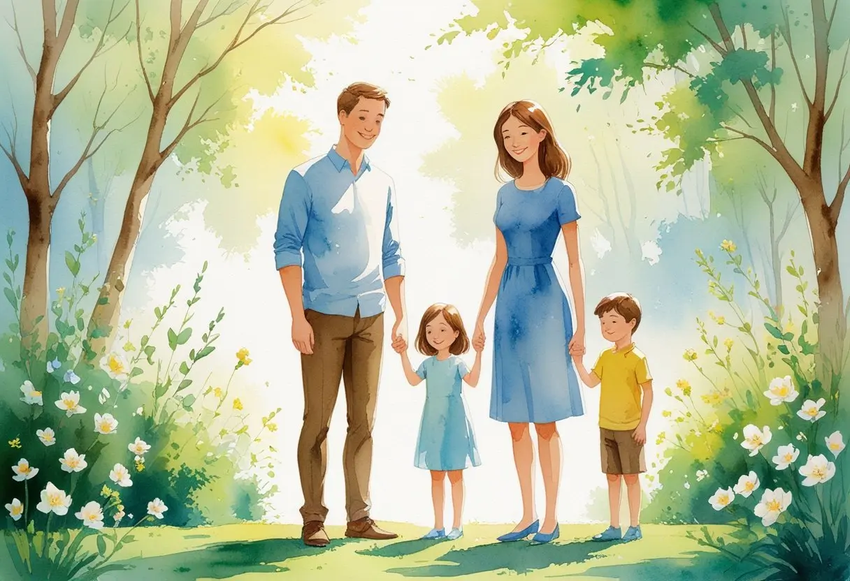 A family of four stands together outdoors in a sunlit, green park, surrounded by flowers and trees. The parents and two children are smiling and holding hands, representing wealth affirmations.