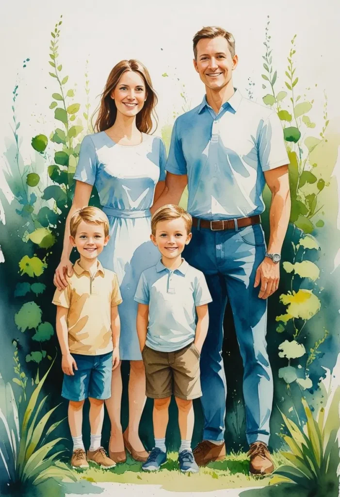 A family of four, two adults and two young boys, stands outdoors in front of tall green plants, all smiling and wearing light-colored summer clothes, representing wealth affirmations.