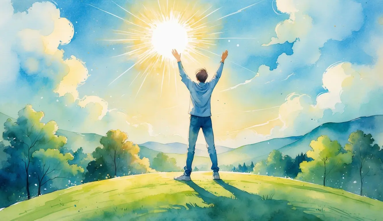 A person stands on a grassy hilltop with arms raised toward a bright sun, surrounded by trees, clouds, and distant mountains under a blue sky.
