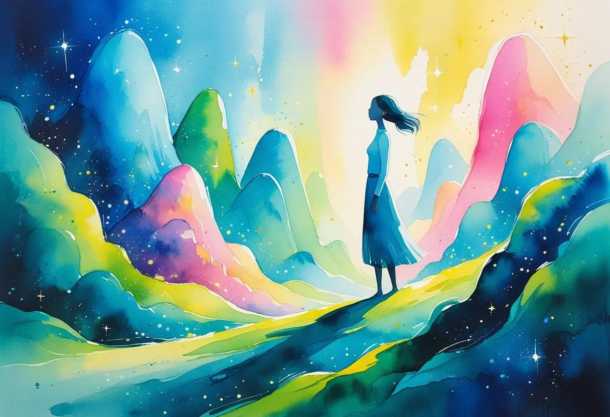 A person stands on a path surrounded by colorful, abstract mountains under a bright, starry sky in a watercolor painting.