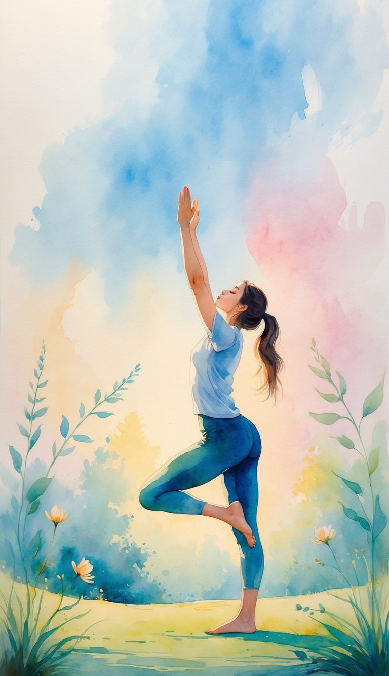 A person standing outdoors with arms raised in a yoga pose, surrounded by soft colors and nature.