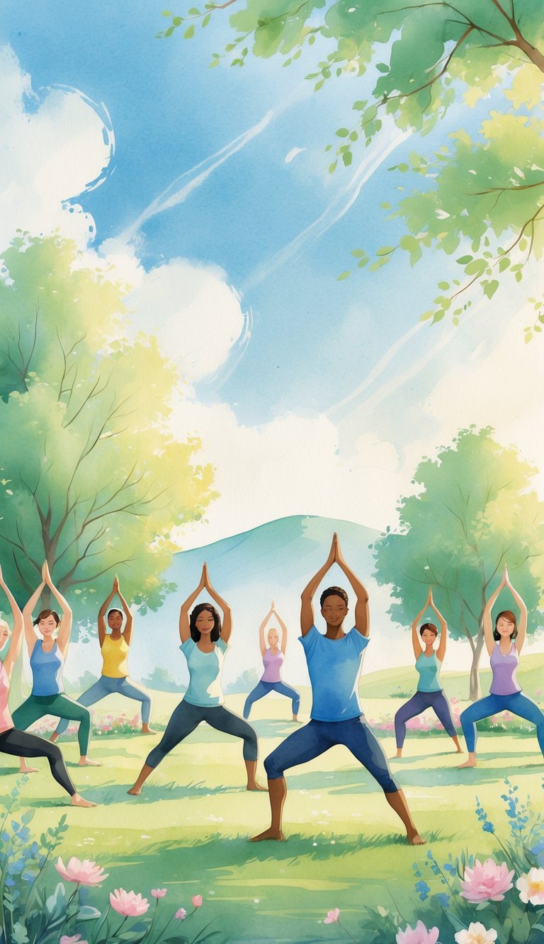 People practicing yoga poses outdoors on grass surrounded by trees and flowers under a clear sky.