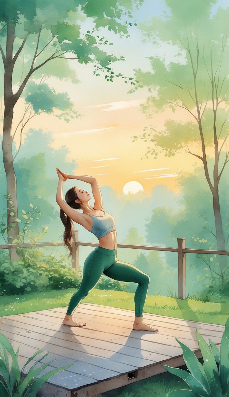 A young woman practicing yoga stretches on a wooden deck surrounded by trees during early morning.