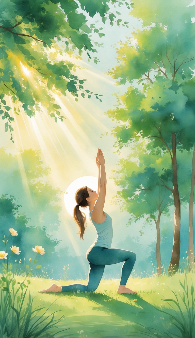 A person practicing a stretching yoga pose outdoors among tall trees and greenery during sunrise. Representing Yoga for Height.