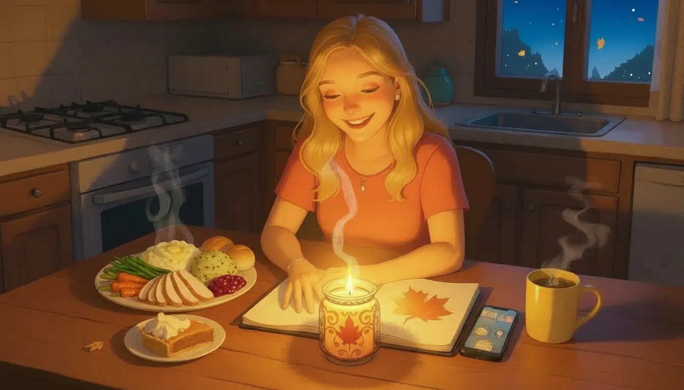 A woman sits at a kitchen table reading a book by candlelight, with a plate of food, a slice of pie, and a mug beside her; a window shows a starry night sky.