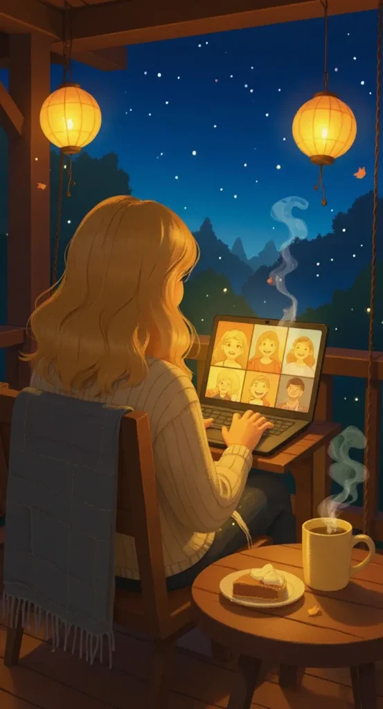 A person with blonde hair sits on a porch at night under lanterns, video chatting on a laptop, with a cup of coffee and a slice of cake on the table nearby, representing Affirmations for Loneliness at Thanksgiving