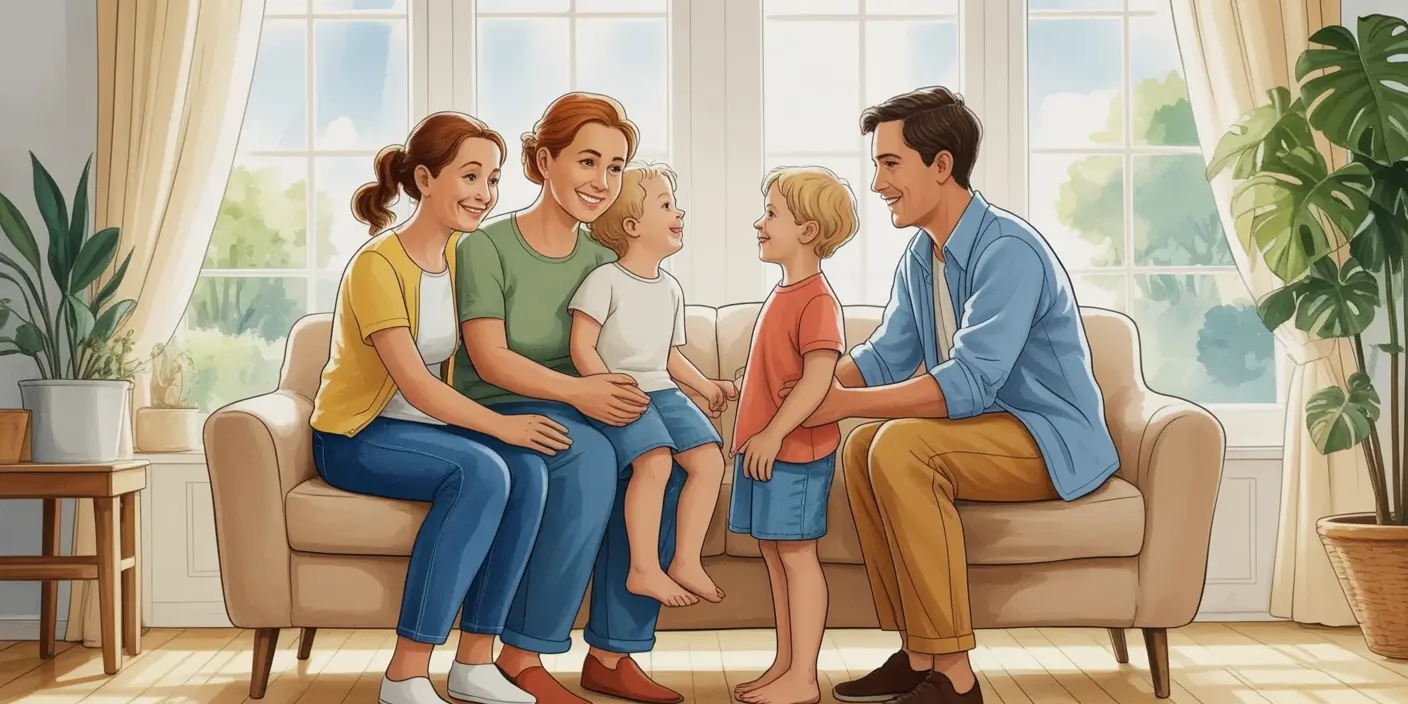A family of four, two adults and two children, sit and smile together on a sofa in a bright living room with large windows representing Bible Affirmations for Family.