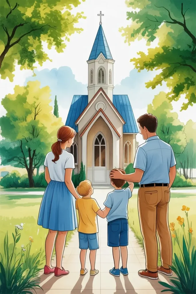A family of four, seen from behind, walks toward a small church on a sunny day, surrounded by green trees and flowers, representing Bible Affirmations for Family.