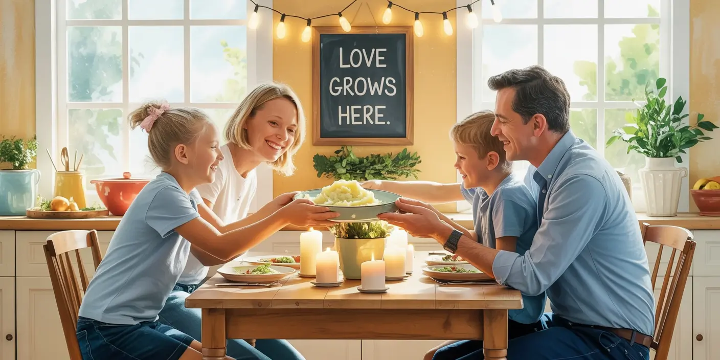 A family of four sits around a dining table, sharing a meal and smiling, with a sign in the background that reads "LOVE GROWS HERE - representing Blended Family Affirmations
