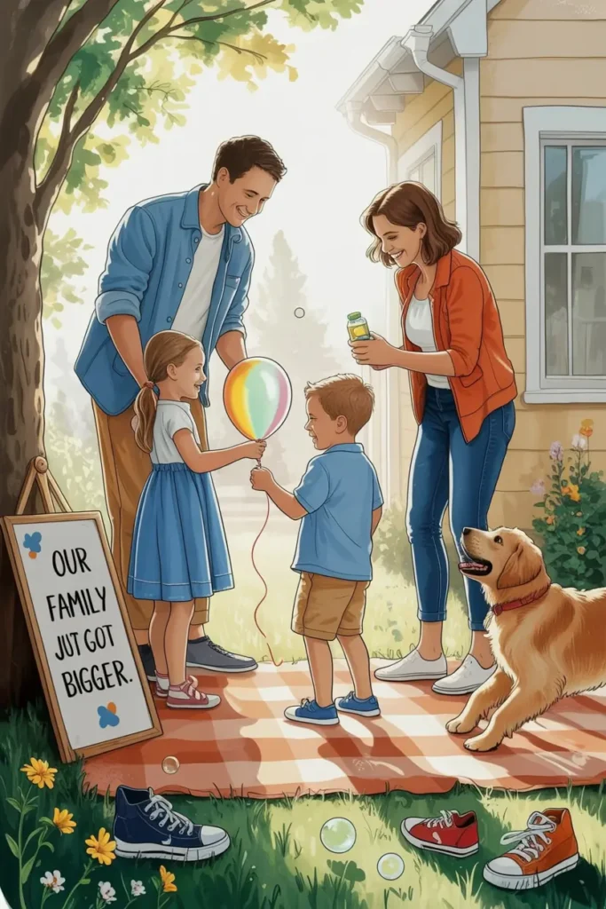 A family of four and a dog gather on a picnic blanket outside their house, with a sign that reads “Our family just got bigger.” The parents and children interact cheerfully with bubbles and a balloon, representing Blended Family Affirmations