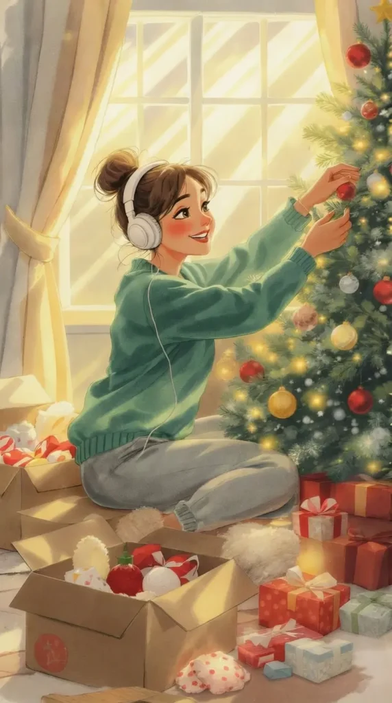 A young woman wearing headphones decorates a Christmas tree with ornaments, surrounded by boxes and wrapped gifts in a sunlit room, representing Christmas Alone