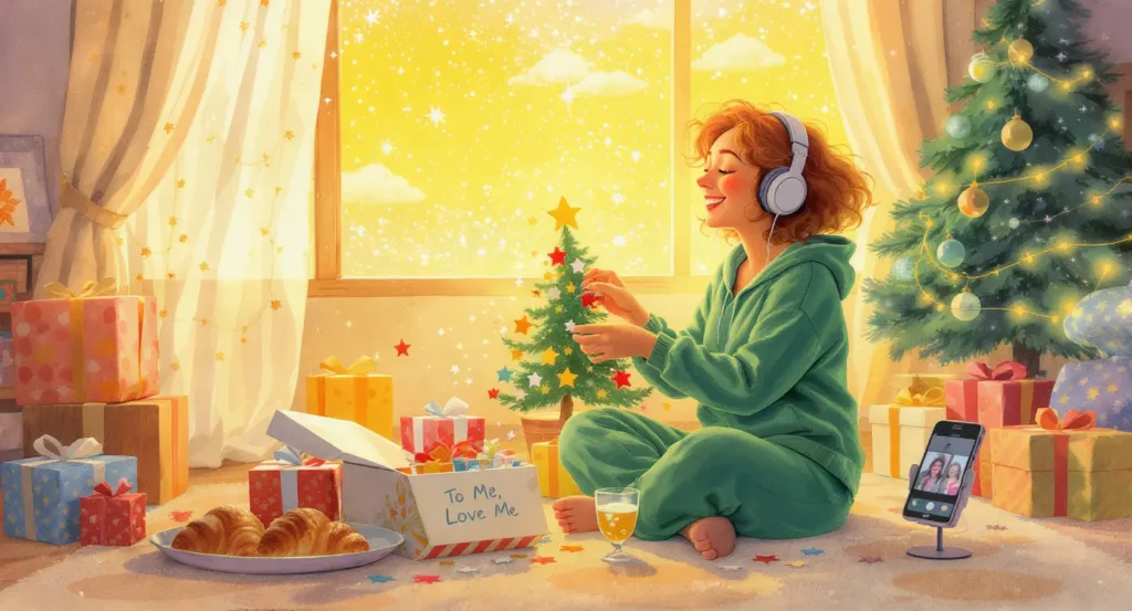 A woman in green pajamas sits by a small Christmas tree, wearing headphones, surrounded by gifts and pastries, with a phone on a tripod displaying a video call, representing Christmas Alone
