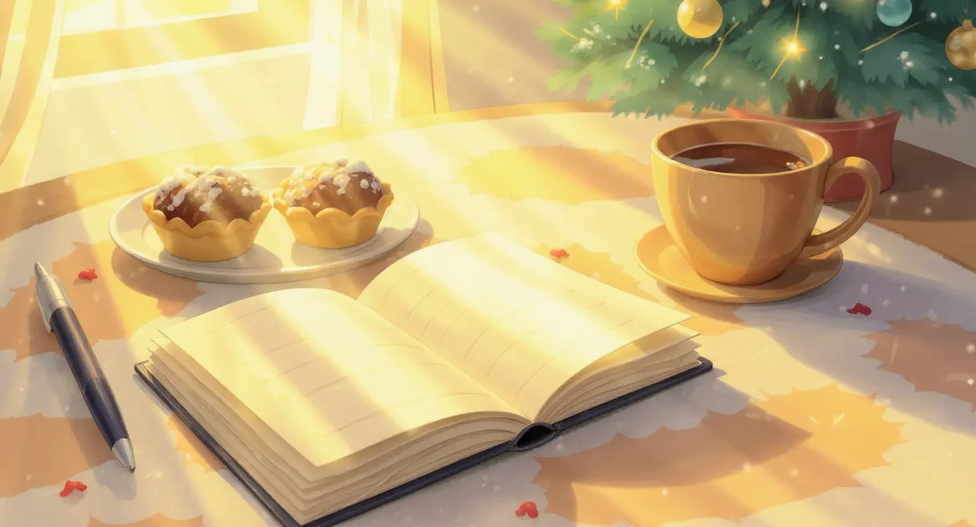 Open notebook, pen, cup of coffee, and two pastries on a table with sunlight streaming in, next to a decorated Christmas tree, representing Christmas journal prompts