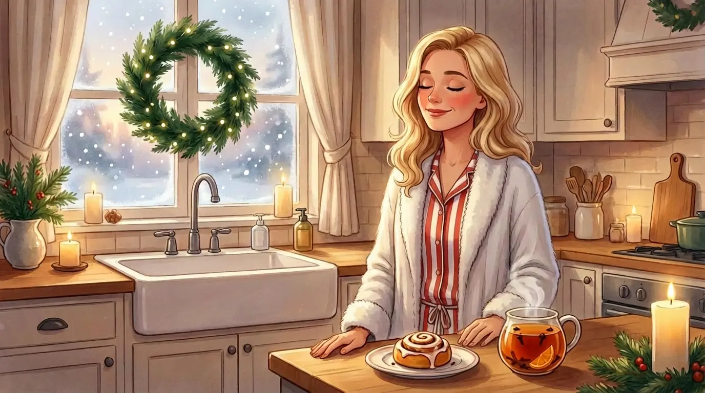 A woman in pajamas and a robe stands in a cozy kitchen with a cinnamon roll and tea, surrounded by candles and holiday decorations, while it snows outside, representing Christmas Self-Care Ideas