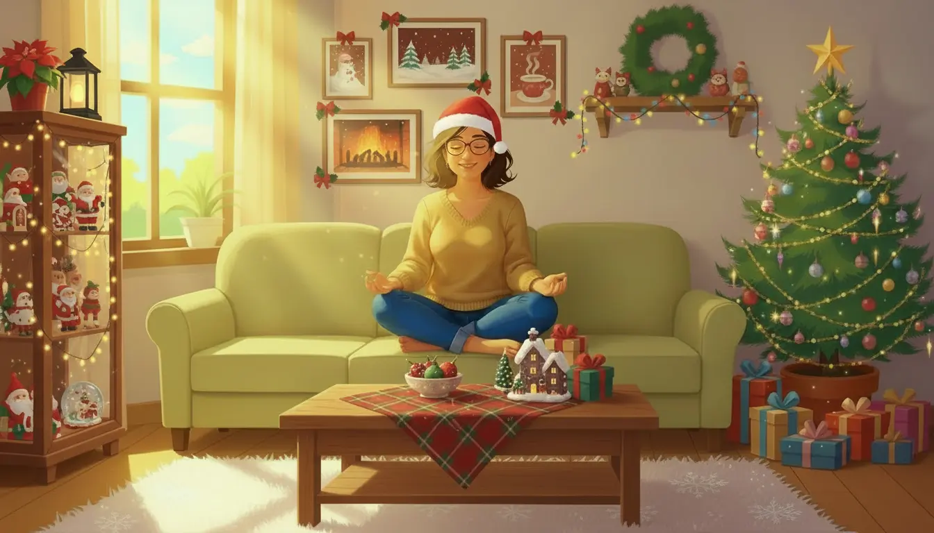 A woman wearing a Santa hat sits cross-legged on a sofa meditating in a festive living room decorated with Christmas tree, lights, and holiday ornaments, representing christmas self-care affirmations
