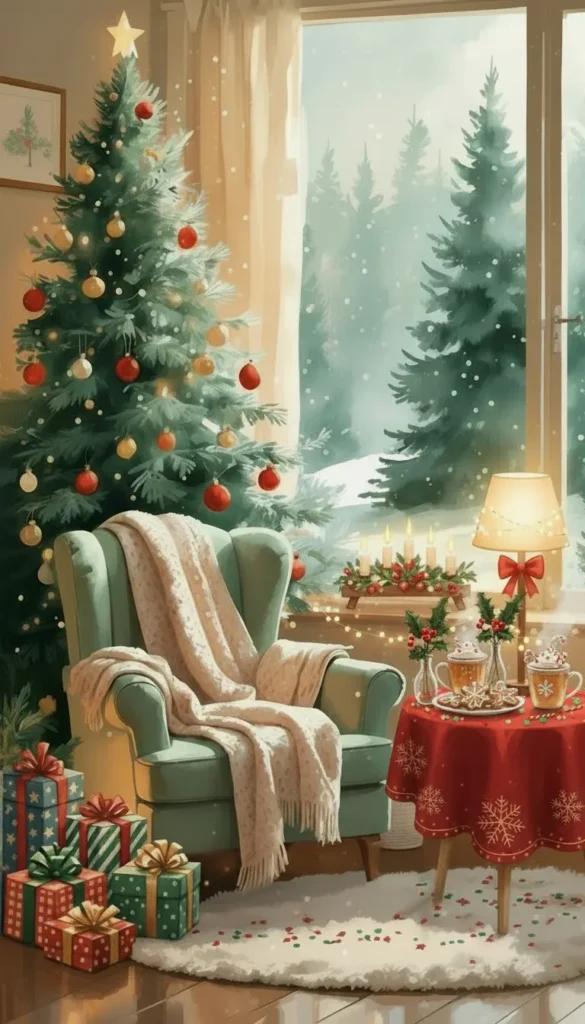 A decorated Christmas tree stands by a window with snow outside. An armchair, blanket, gifts, and a table with hot drinks create a cozy holiday scene indoors, representing Christmas self-care affirmations