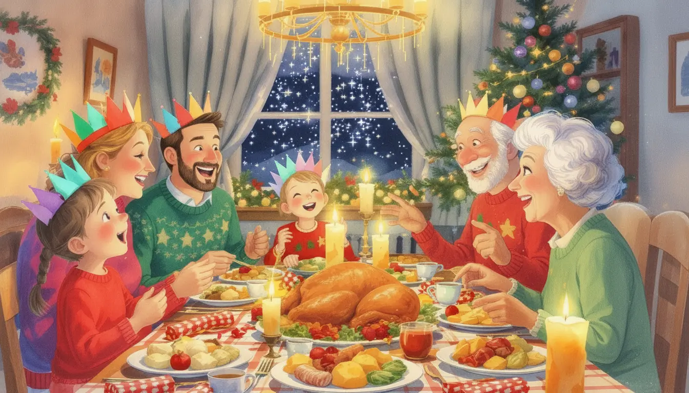 A family of six wearing colorful paper crowns sits around a table with a holiday meal, smiling and laughing, with a decorated tree and snow outside the window, representing Christmas family affirmations