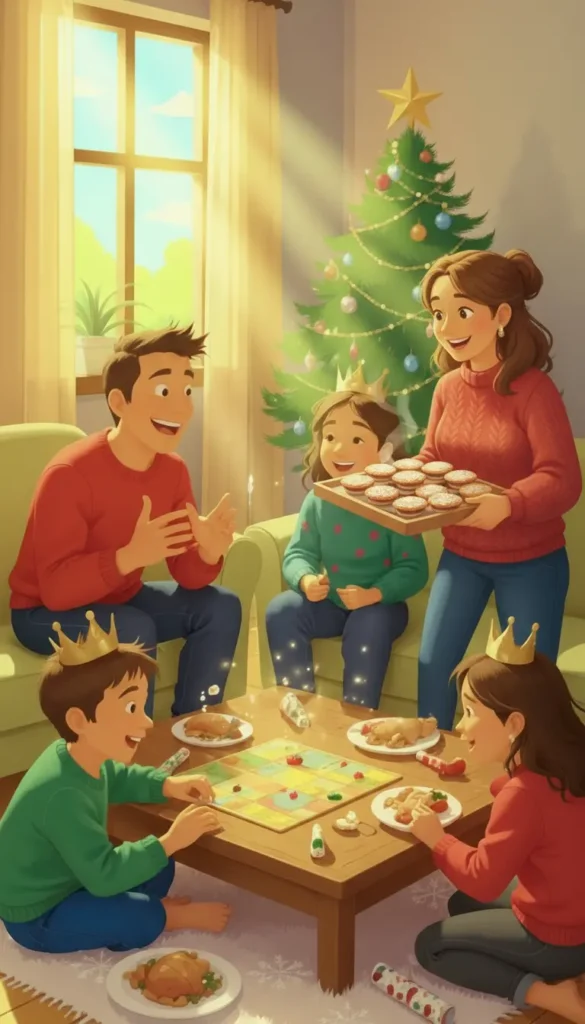 A family of four wearing paper crowns enjoys a board game and food in a living room decorated with a Christmas tree and sunlight streaming through the window, representing Christmas family affirmations 