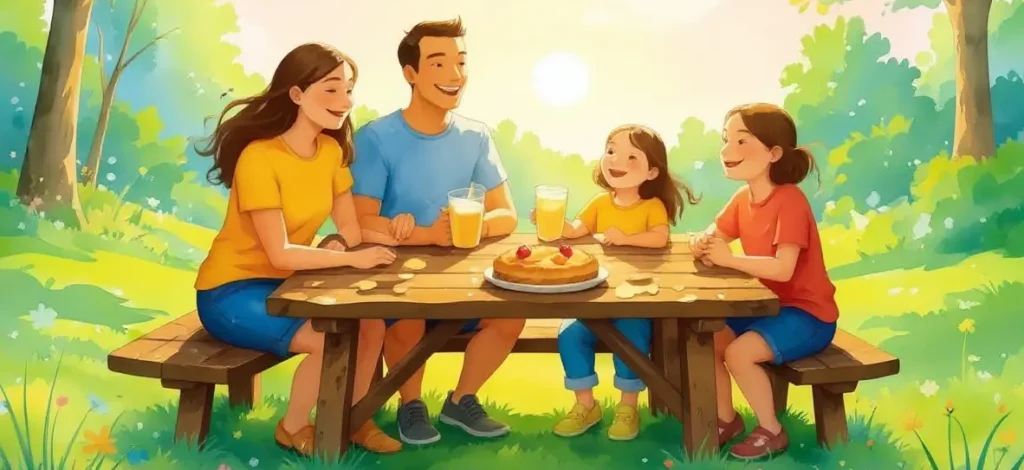 A family of four sits at a wooden picnic table outdoors, smiling and enjoying drinks and cake on a sunny day, surrounded by trees and greenery, representing Family Gratitude Affirmations