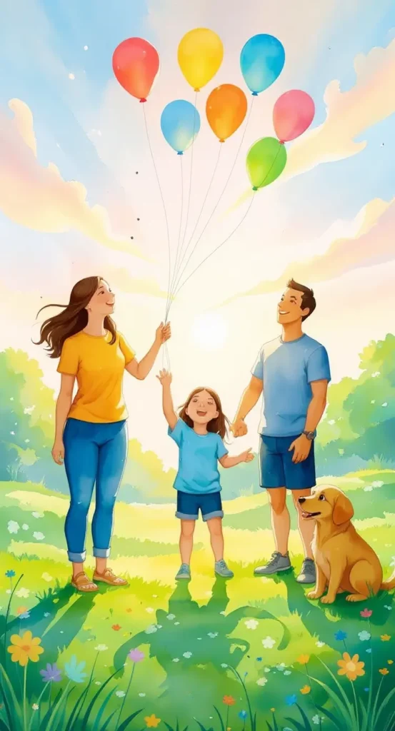 A woman, a man, and a young girl holding balloons stand in a sunny meadow with a dog, surrounded by flowers and greenery, representing Family Gratitude Affirmations 