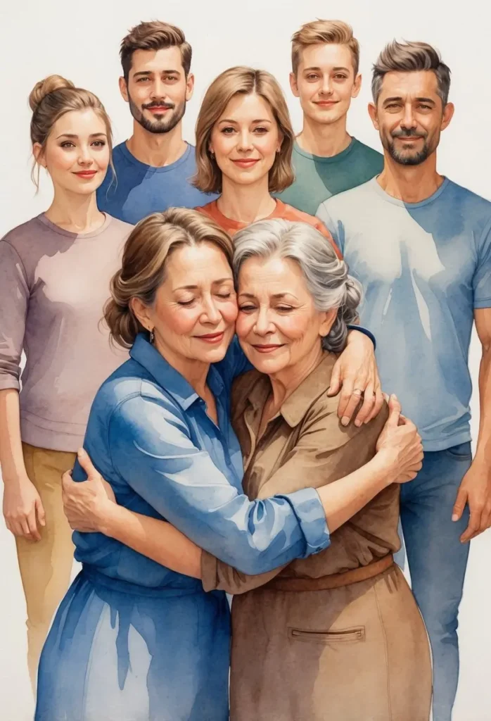 Two older women embrace in the foreground while five adults, both men and women, stand closely behind them and smile at the camera, representing Family healing affirmations