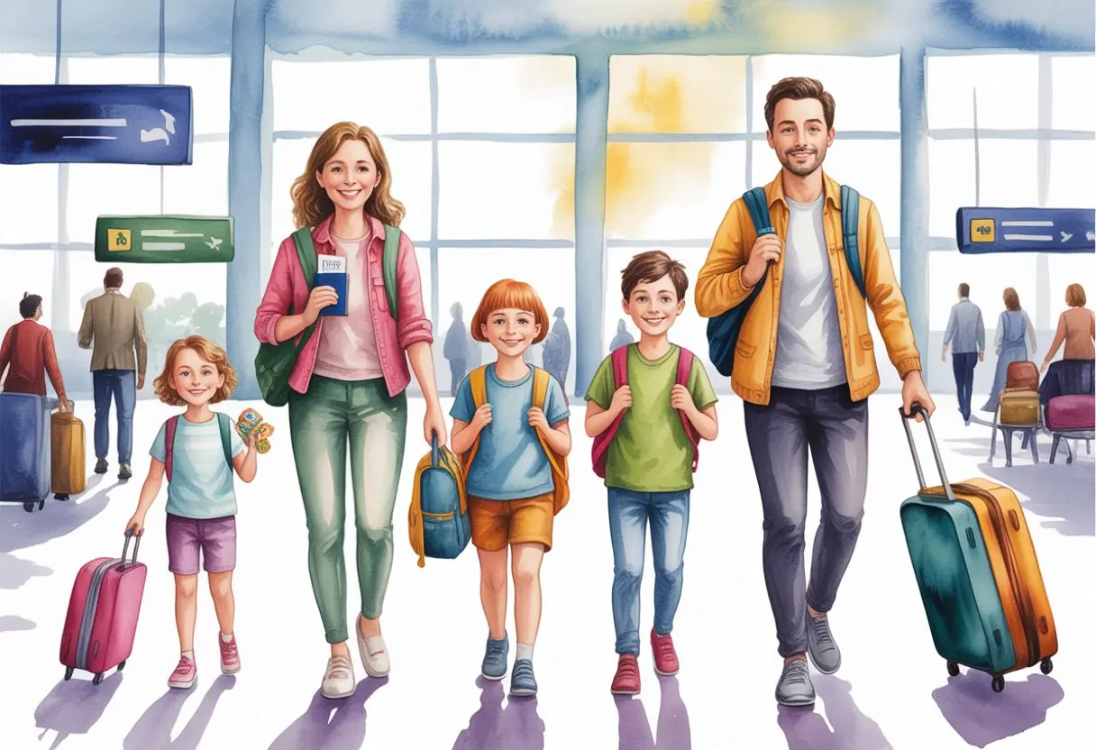 A family of five with luggage walks through an airport terminal, smiling, with large windows and departure signs in the background representing Family travel affirmations.