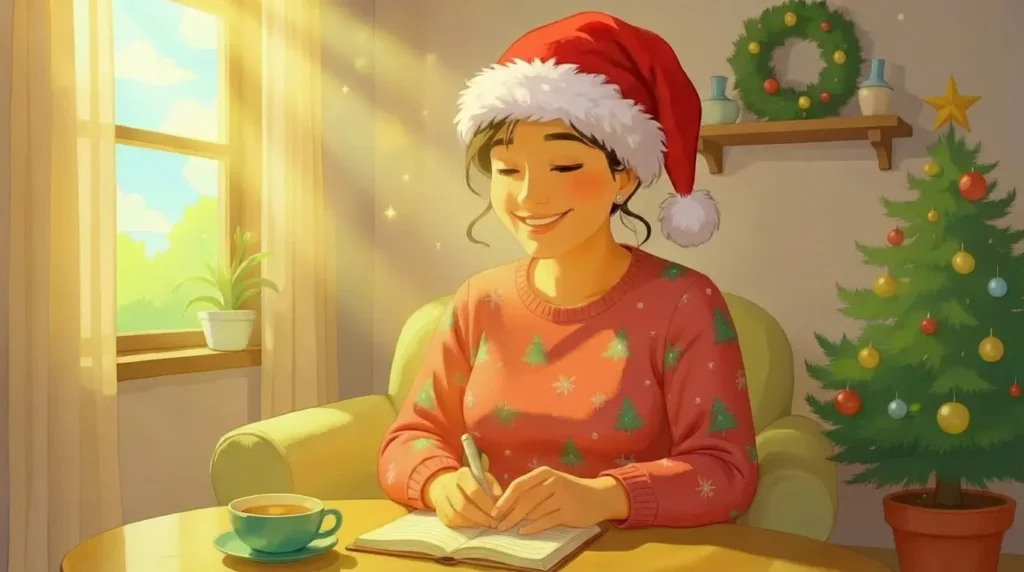 A woman wearing a Santa hat and Christmas sweater writes in a notebook at a table with a cup of coffee, next to a decorated Christmas tree and a sunlit window.