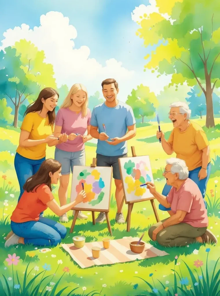 A group of adults and seniors paint on canvases outdoors in a sunny park, surrounded by trees and grass, smiling and interacting, representing found family affirmations