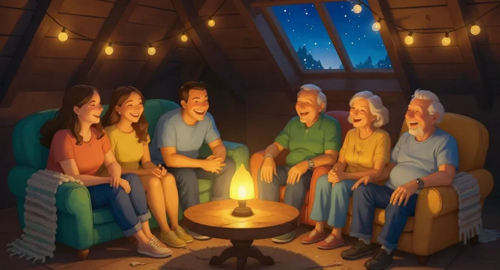 Six people of varying ages sit in an attic at night, gathered around a small lamp, smiling and talking. String lights and a window with a starry sky are visible in the background, representing found family affirmations